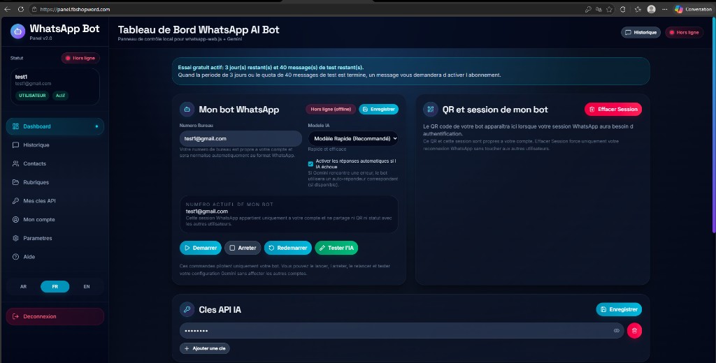 Aperçu du dashboard WhatsApp AI Bot